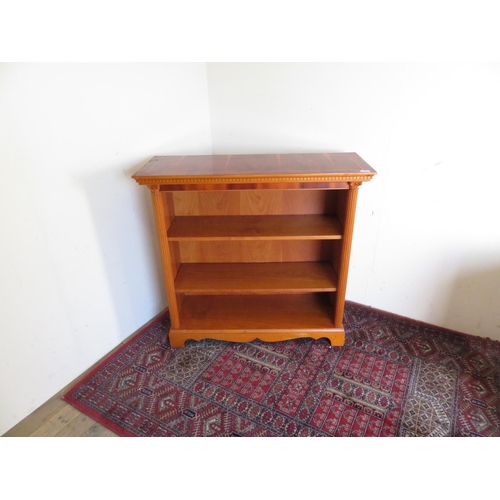 170 - Modern yew wood style two tier open bookcase, W102 D38 H97cm, and two small open book cases, W44cm D... 