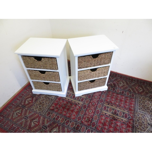 171 - Pair of white painted three sectional bedside type chests with pull out rattan drawers, W44cm D34cm ... 