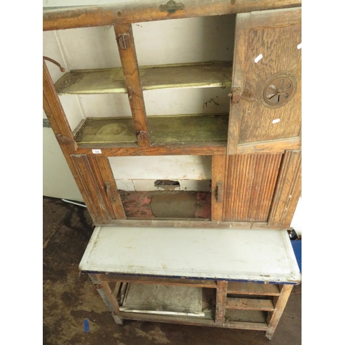 174 - Mid 20th C Hygena oak kitchen cabinet with enamel slide out worktop (A/F)