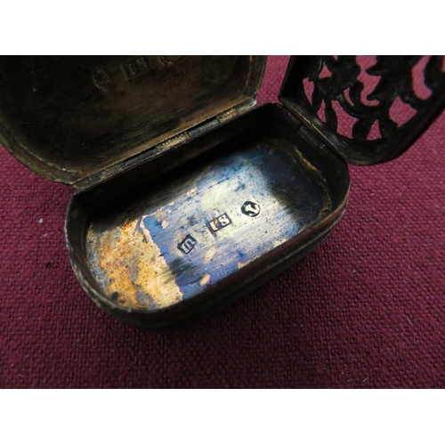 27 - Small Geo. lll hallmarked silver rounded rectangular vinaigrette, hinged top initialed MP, with gilt... 