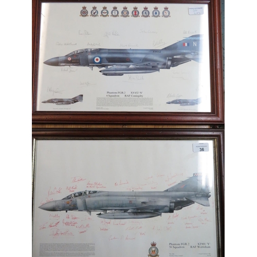 36 - Two framed prints of Phantoms, from the 56 and 6 Squadrons, both framed and signed by various crew m... 