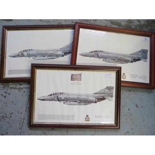 37 - Three framed prints of Phantoms Aircraft from the 64, 43, and 111 Squadrons, 35cm x 49cm