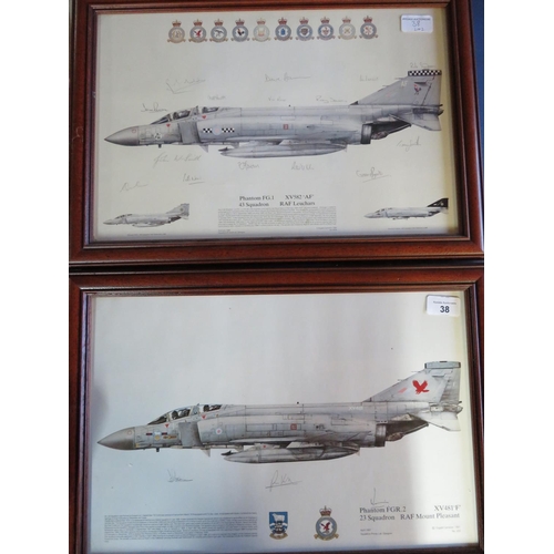 38 - Two framed squadron prints of Phantom Aircraft, 23 and 43 Squadrons, both signed by various crew mem... 