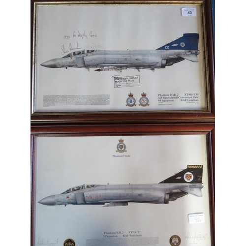 40 - Two framed prints of Phantom aircraft, one of 64 squadron, signed by the 1990 F4 display crew, featu... 