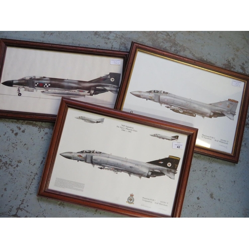 42 - Three framed prints of Phantom Aircraft, squadrons 74, 92 and 43 (3), 49cm x 34cm including frames