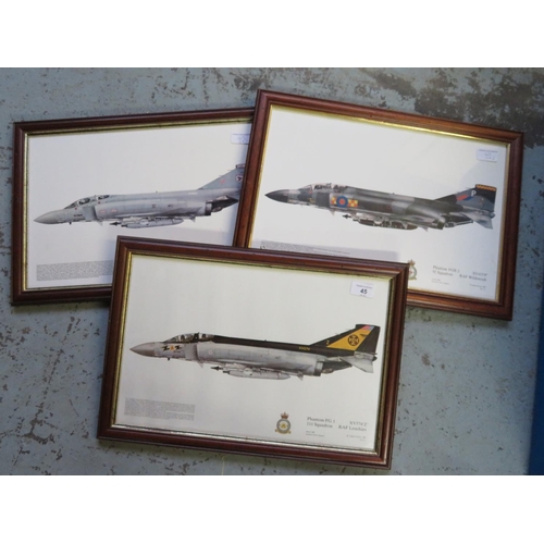 45 - Three framed prints of Phantom Aircraft, Squadrons 111, 92 and 29 (3), 49cm x 34cm including frames