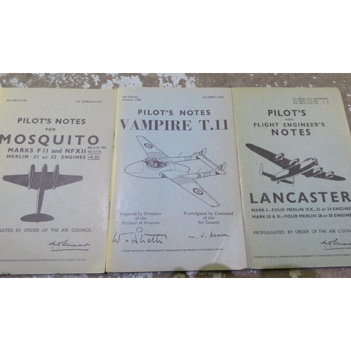 61 - Three pilot notes pamphlets: Pilots Notes For Mosquito, Pilots Notes For Vampire T.II, Flight engine... 
