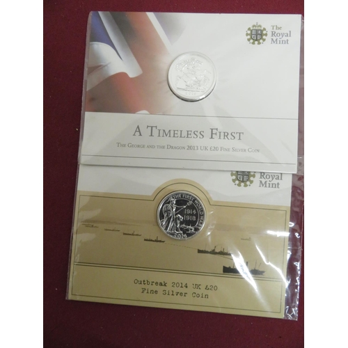15 - Royal Mint 2013 Timeless First UK £20 Fine Silver Coin and similar 2014 Outbreak Fine Silver Coin, b... 