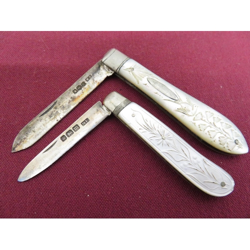 227 - Two hallmarked silver fruit knives with Mother of Pearl handles