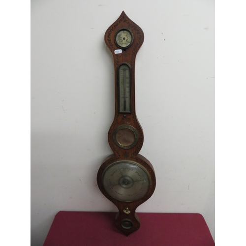 230 - 19th C mahogany wheel barometer with painted decoration, signed Bowles Dunstable, H94cm, dial D21cm