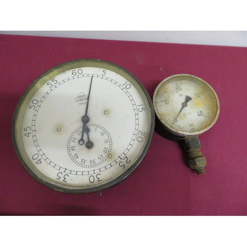 232 - 1Hr bulkhead timer,  brass bezel and dial signed  Dent, London, D18.5cm No: 73375, and a pressure ga... 