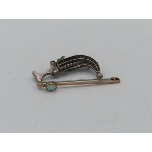 234 - Gold bar brooch set with a single turquoise stamped 9ct, and a white metal brooch in the form of a m... 