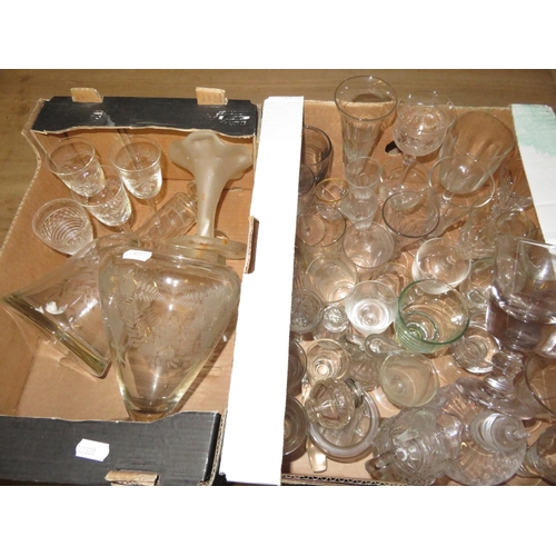 236 - Bell shaped decanter with cut decoration, late 19th C and later glassware, wine glasses etc (2 boxes... 