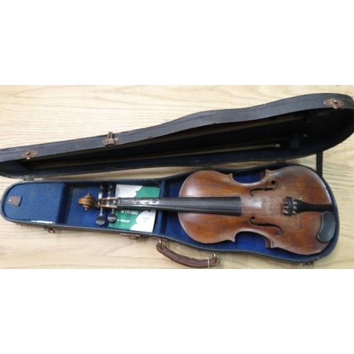 281 - Cased 20th C Violin with two piece back (L36cm) and two bows with ebony tensioners  (overall L60cm)