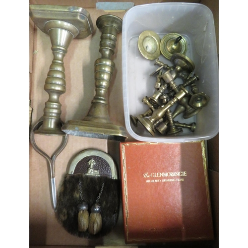 306 - 'The Glenmorangie, Highland Drinking Flask', a small sporran, a pair of brass navigators dividers st... 