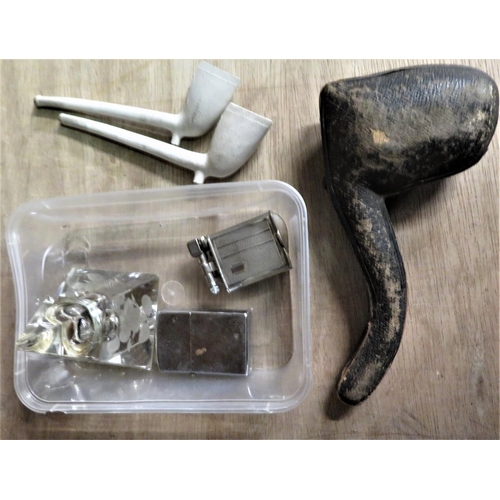 309 - Late 19th C carved Meerschaum pipe, silver collar and amber mouth piece (A/F), two clay pipes, cryst... 