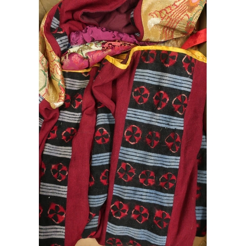 397 - Mandarian style burgundy cotton robe, and three headdresses with fur trim