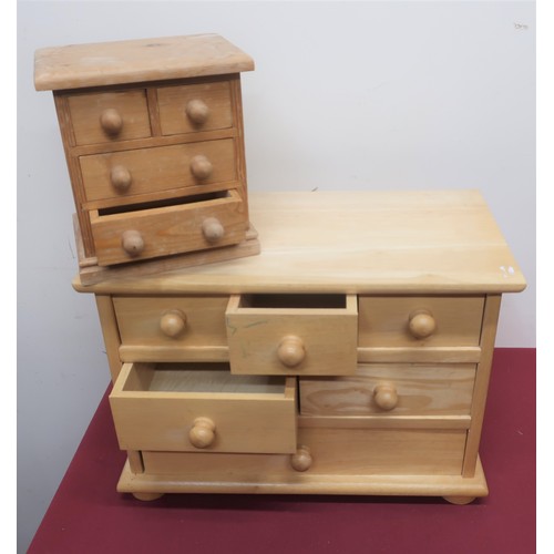 350 - Small miniature pine chest with two short above two long drawers W19cm  H20cm  D13cm, a small beech ... 
