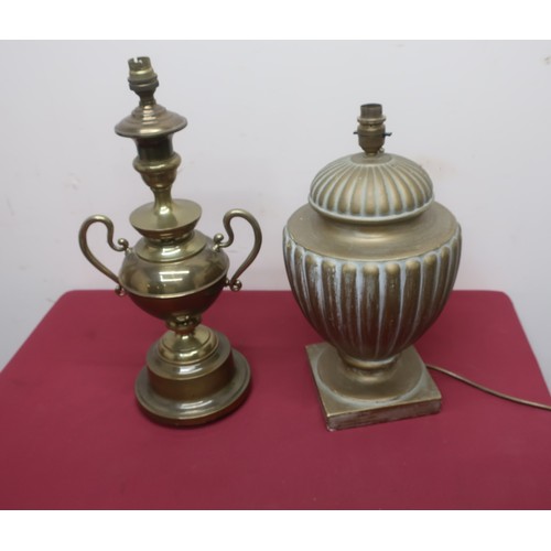 354 - Large gold ribbed urn-shaped table lamp and a brass two handled table lamp (2)