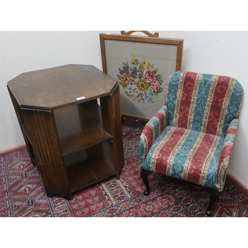 345 - Geo. III style Childs upholstered armchair, a 20th C oak framed wool worked fire screen, a similar t... 