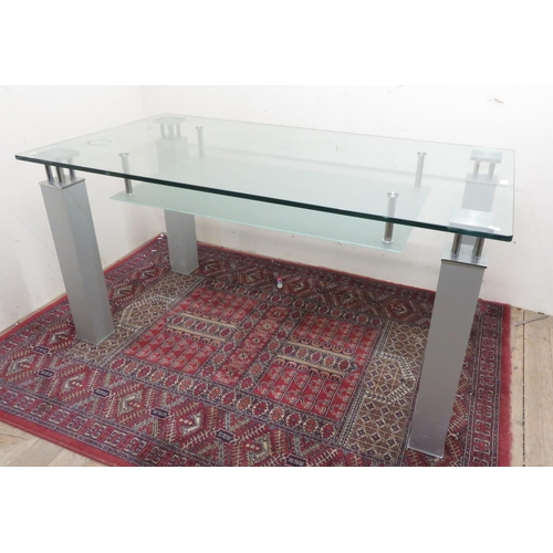 371 - Contemporary rectangular dining table, plate glass top with under tier on four brushed metal square ... 