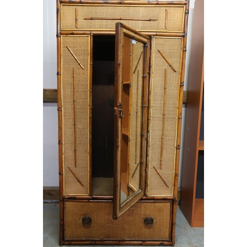 272 - Edwardian bamboo and rattan wardrobe with single mirrored door above a drawer (W88cm x H183cm x D42c... 