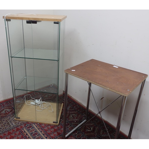 327 - Contemporary glazed display cabinet with two shelves on chromed metal stand (W47cm x D37cm x H175cm)