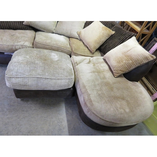 329 - Large distressed brown leather corner sofa and matching footstool, brown velour loose cushion (appro... 