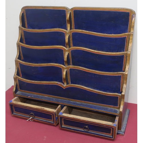 341 - Blue painted stationary rack, with divisions above two shelves, blue painted with gilt detail (W50cm... 