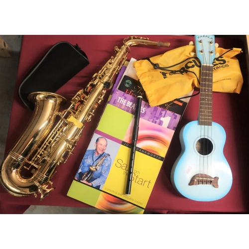 390 - Sonata alto saxophone in case, Carla ukulele, Hercules saxophone stand etc