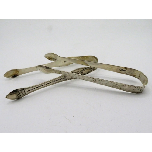 491 - Pair of Georgian silver hallmarked bright cut sugar tongs by Peter and Ann Bateman, and a similar pa... 