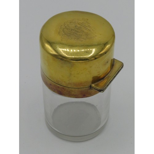 494 - Large Edw. VII clear glass cylindrical scent bottle, silver gilt hinged lid and collar hallmarked Lo... 