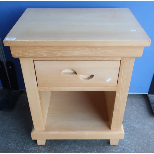 197 - Modern beech light wood bedside/occasional table, with  square top and single drawer above open base... 