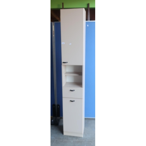 198 - White laminate narrow bathroom cabinet with door above open centre, single drawer and single cupboar... 