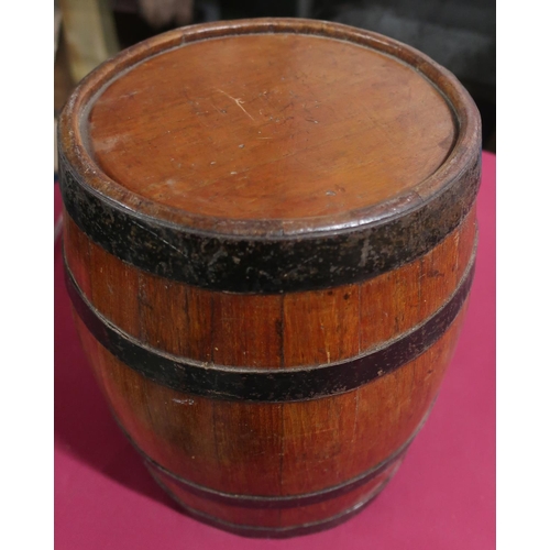 413 - Coopered wooden barrel with four metal bands, H27cm