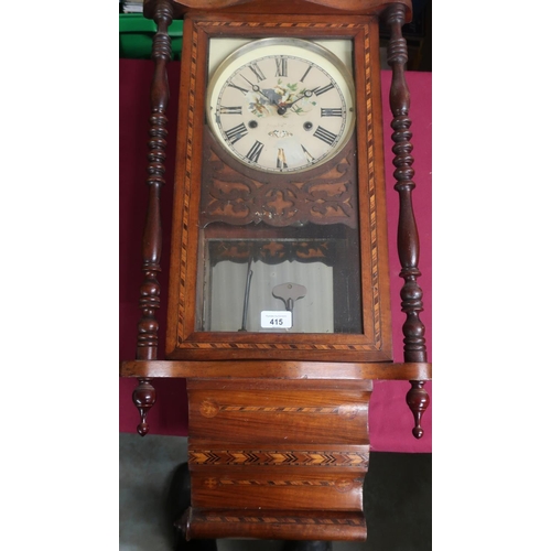 415 - Victorian Vienna style wall clock, walnut case decorated with Tunbridge ware, twin train movement st... 