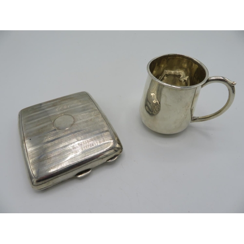 417 - Geo. V hallmarked engine turned silver rectangular cigarette case, Birmingham 1916, and a small mug,... 