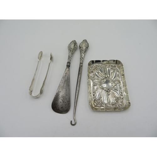 418 - Pair of Victorian hallmarked silver sugar tongs, Sheffield 1894, an Edwardian silver rectangular pin... 