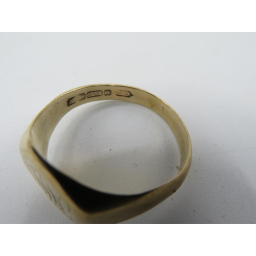 429 - 9ct hallmarked gold signet ring, engraved with initials & dedication and a pair of 9ct gold oval cuf... 