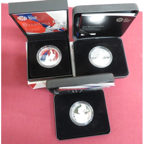 10 - Royal Mint Britannia £2 silver Bullion coins 2014 15 & 16, in boxes with card slips (3)