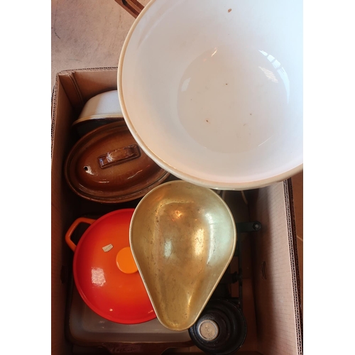 447 - Burnt orange enamel casserole dish, a set of kitchen scales with brass pan and weights, a large kitc... 