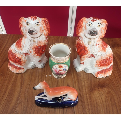 455 - Pair of Victorian Staffordshire fireside Spaniels, red sponged decoration with gilt leads and collar... 