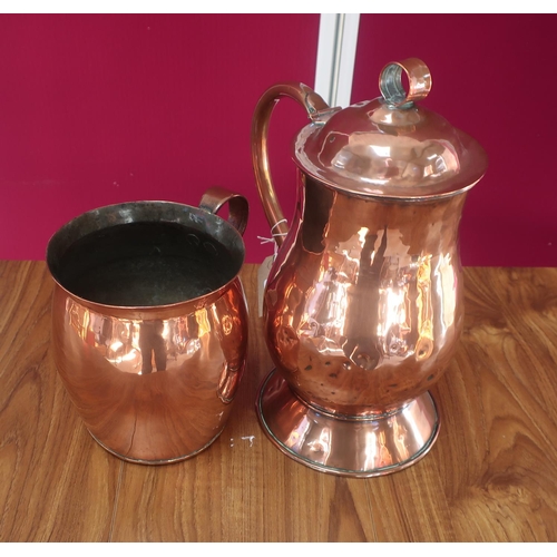 458 - Early 20th C copper flagon, baluster body with loop handle, hinged lid with ring finial, on tapered ... 