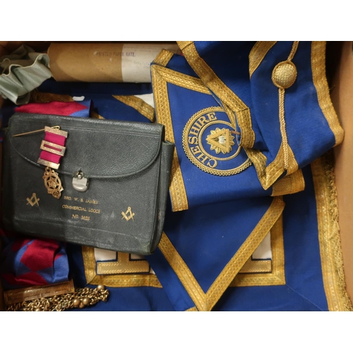 379 - Collection of Masonic regalia, including Provincial and Chapter aprons, silver gilt jewel certificat... 