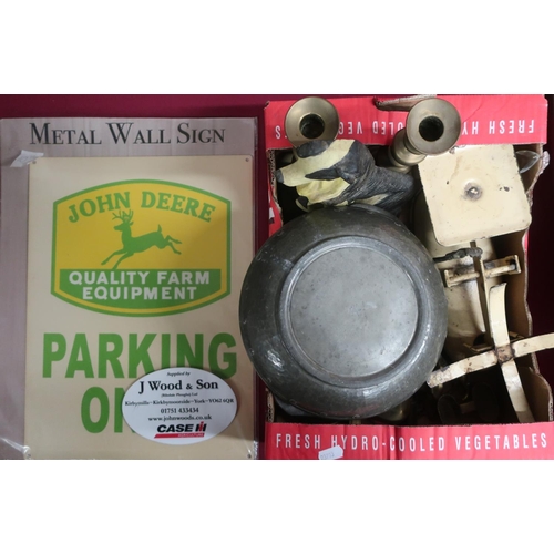 380 - John Deere tin parking sign, a set of Harper vintage kitchen scales with weights, pair of brass cand... 