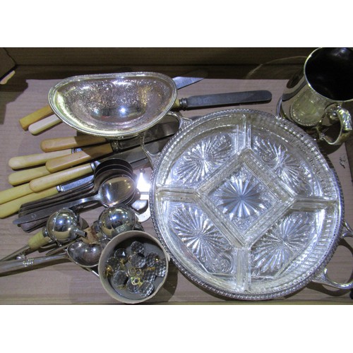 420 - Two Chippendale style silver plated circular salvers, an hors d'oeuvres dish, mug, cutlery, set of c... 