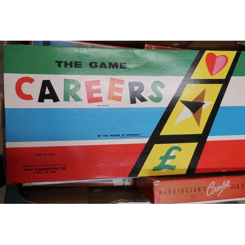 206 - Collection of board games including PM, Jusso, Sorry, Chasing Mount, Careers, jigsaw puzzles, weavin... 