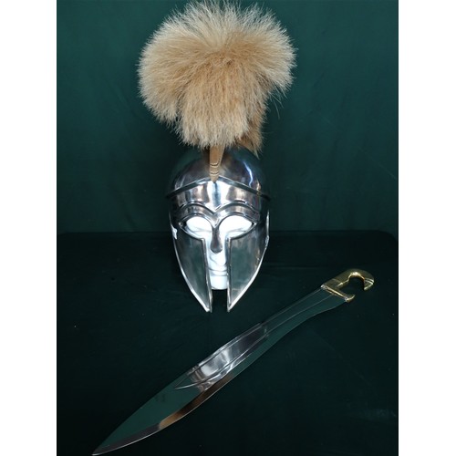 233 - Polished steel Spartan style helmet with plume and a Spartan style sword with steel blade and brass ... 