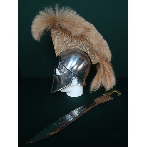 233 - Polished steel Spartan style helmet with plume and a Spartan style sword with steel blade and brass ... 