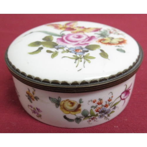 10 - 19th C continental gilt metal mounted porcelain circular box hand painted with flowers, with label 